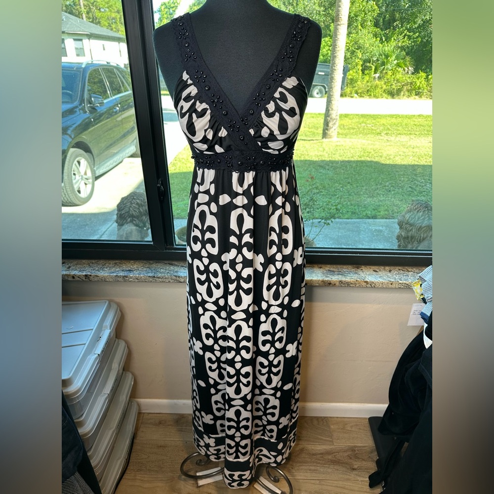INC International Concepts Black White Patterned Embellished Dress Size Medium